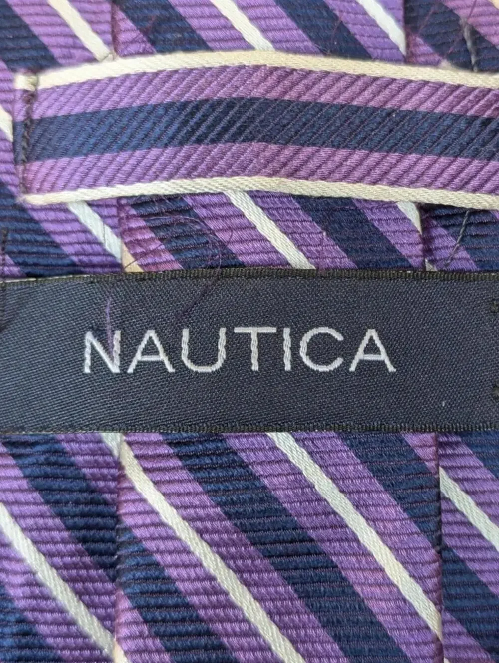 Nautica Purple Navy Cream Diagonal Stripe Silk Neck Tie USA Made Vintage 1990s